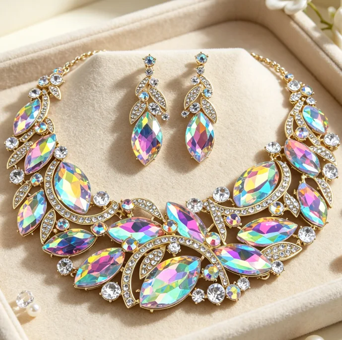 Vintage Dramatic Marquise Cut Aurora Borealis Rhinestone Bib Choker Necklaces Layered Leaf Drop Earrings Women Wedding Prom Luxury Statement Jewelry Sets joias de luxo