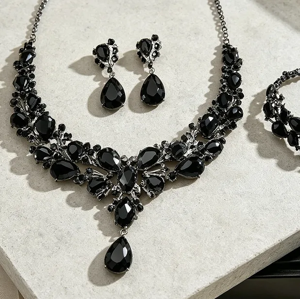 Elegant Champagne Teardrop Rhinestone Floral V Shape Pendant Necklaces Linked Gem Wrist Chain Matching Floral Drop Ear Ornaments Women Wedding Banquet Luxury Jewelry Sets view 3