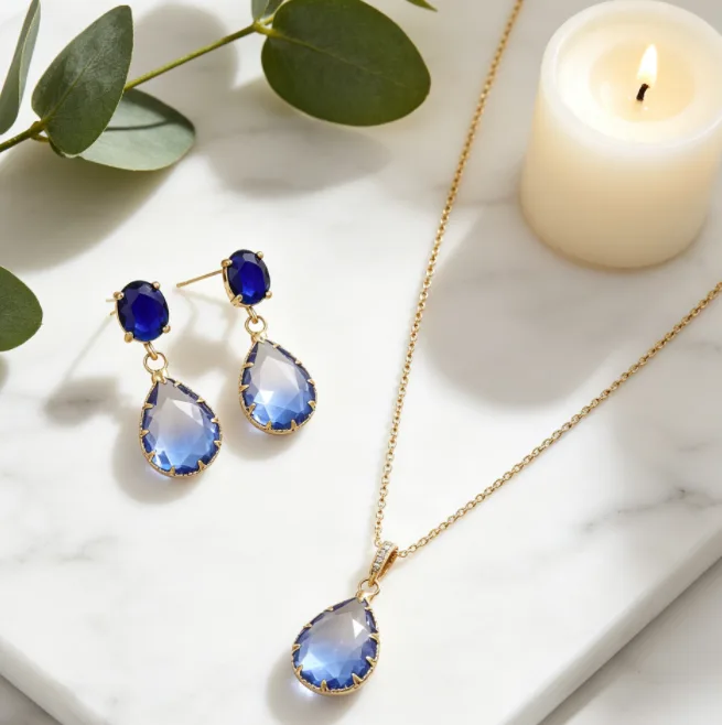 Zircon Two-Tone Gradient Teardrop Gem Pendant Necklaces Double Stone Drop Stud Earrings Fashion fancy jewelry for ladies Women sets view 3