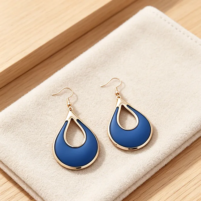 Matte Blue Enamel Hollow Water Drop Pendant Necklaces Long Dangle Earrings Minimalist Women Statement designer inspired Jewelry Sets view 3