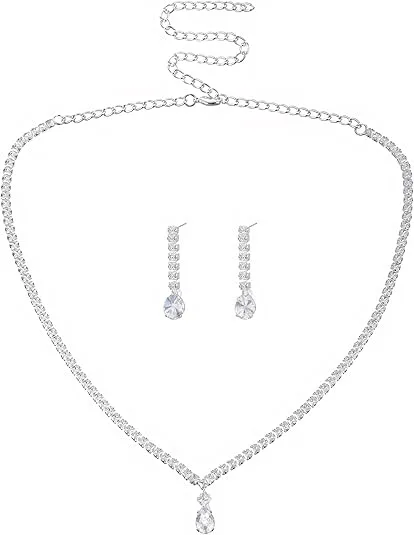 Rhinestone Inlaid Geometric Pendant Necklaces Drop Dangle Earrings tennis Jewelry Sets for women wedding gift accessories view 2