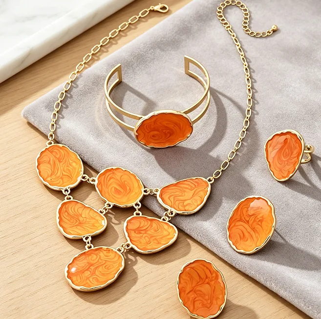 Vibrant Orange Swirl Glossy Irregular Round Slice Bib Necklaces Cuff Bracelet Stud Earrings Ring Summer Vacation Women Statement Jewelry