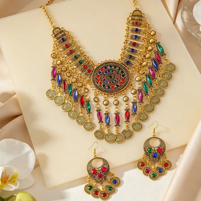 Bohemian Ethnic Multi-Color Stone Inlaid Coin Tassel Statement Collar Necklaces Circular Dangle Earrings Women Travel Retro Tribal Jewelry Sets