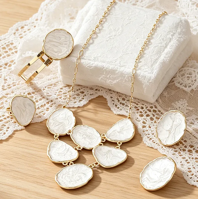 Cream Swirl Texture Irregular Slice Bib Pendant Necklaces Matching Open Cuff Bracelet Stud Earrings Adjustable Ring Women Statement Jewelry view 2