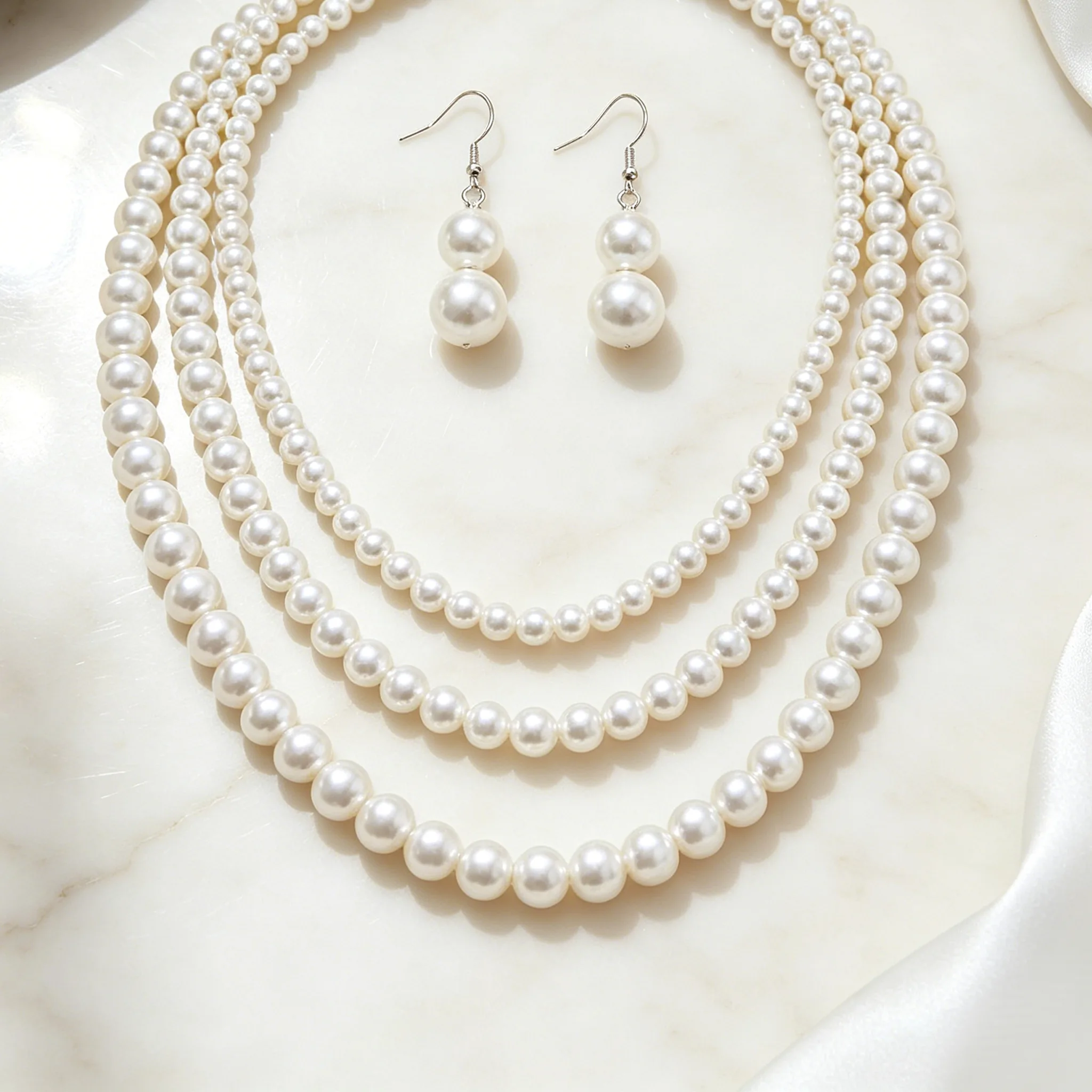 Minimalist Multi Layer Pearl Strand Necklaces Double Round Pearl Drop Earrings Single Row Pearl Bracelets Women Daily Banquet Jewelry Sets view 2