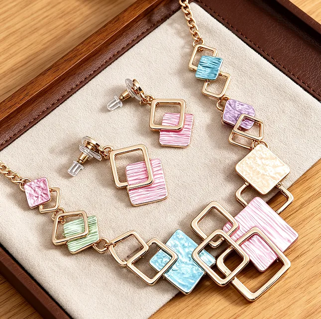 Minimalist Colorful Interlocking Hollow Square Pendant Necklaces Layer Drop Earrings Sweet Vacation Women fancy jewelry for ladies