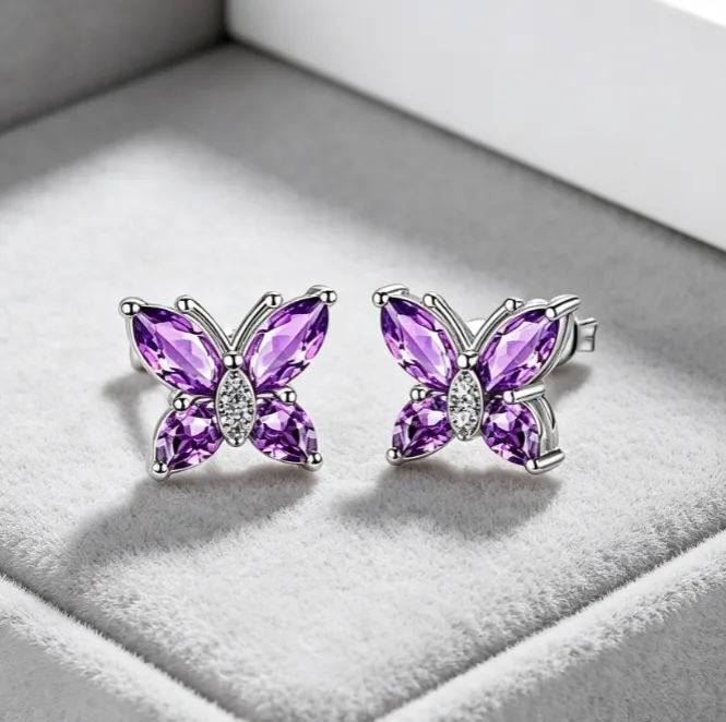 Sparkling Purple Crystal Butterfly Pendant Necklaces Stud Earrings Adjustable Open Rings Elegant Wedding Dating Women Jewelry Sets view 2