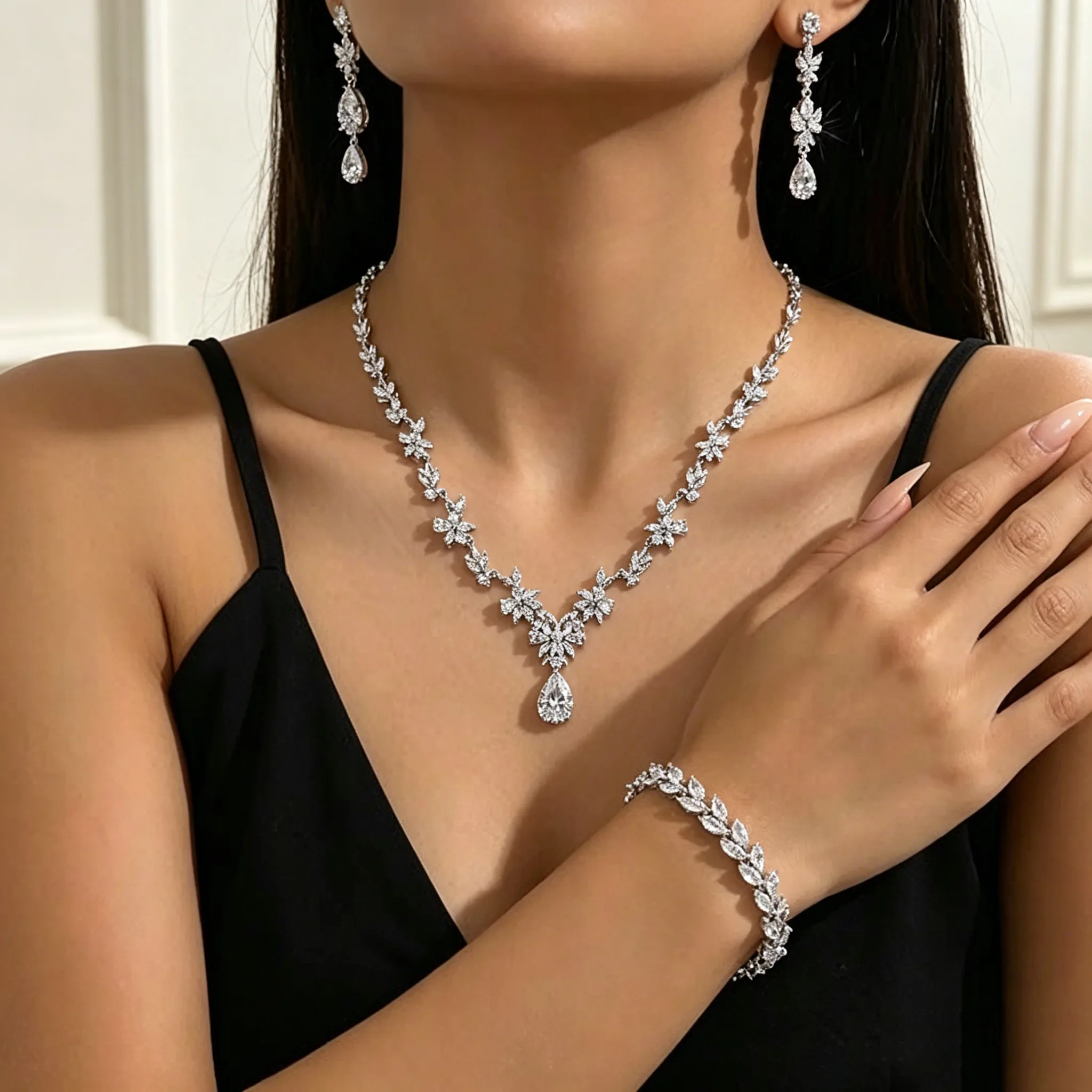 Minimalist Flower full with Rhinestone Y-Shaped Necklaces Teardrop Stone Drop Earrings leaf Bracelets Women fashion party Jewelry Sets view 3