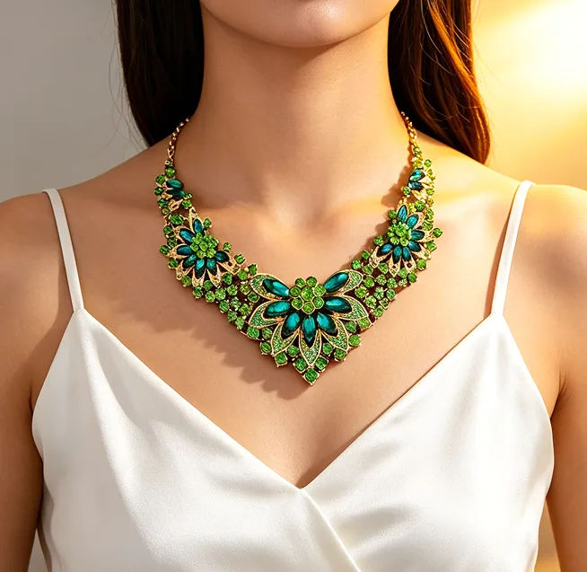 Luxury Leaf Flower Full Rhinestone Bib Choker Necklaces Long Drop Earrings Emerald Green diamond Formal Women Jewelry Sets view 3