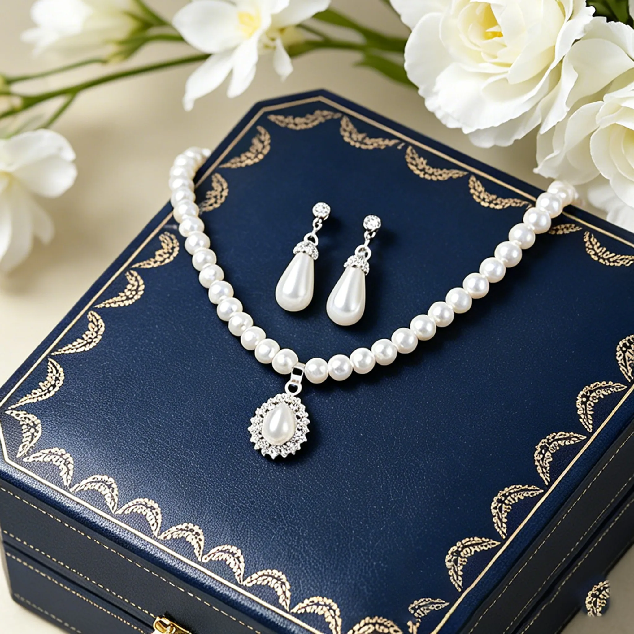 Imitation Pearl women luxury waterdrop pendant necklace drop earrings elegant jewelry set for gift view 3