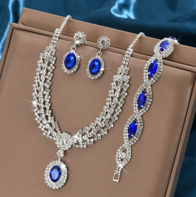 Vintage Royal Luxury Oval Blue Rhinestone Pendant Necklaces Bracelet Drop Earrings Wedding Pageant Banquet Women Statement Jewelry view 2