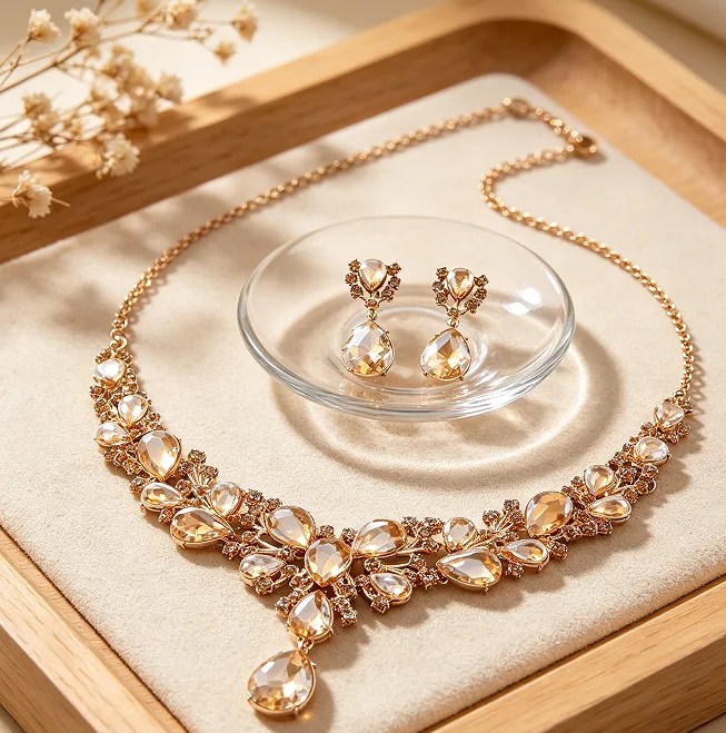 Luxury Champagne Teardrop Rhinestone Y Drop pendant Necklaces Dangle Earrings Women Wedding Evening Bridal Jewelry Sets view 2