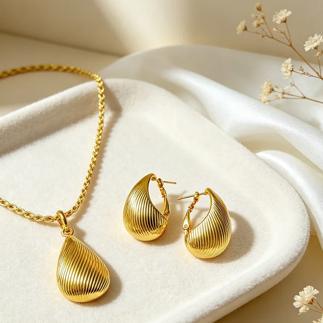 Minimalist Textured Teardrop Pendant Twist Chain Necklaces Matte Water Drop Huggie Hoop Earrings Women chunky Retro Jewelry Sets view 2