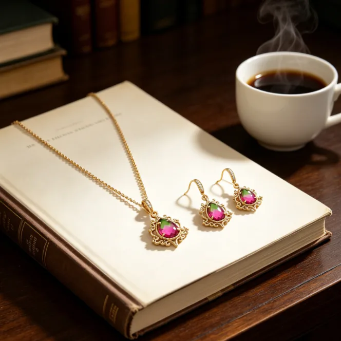 Zircon Vintage Hollow Filigree Teardrop Pendant Necklaces Gradient Bi-color Hook Drop Earrings Wedding Elegant Jewelry for Women