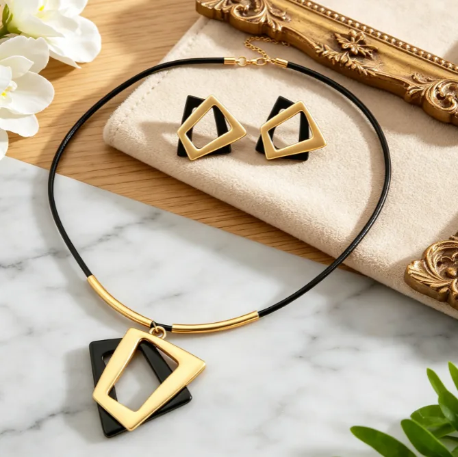 Contrast Color Hollow Interlaced Geometric Square Pendant Choker Necklaces Earrings Minimalist Women Statement chunky Jewelry
