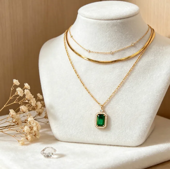 Vintage Stackable Multi Layer Snake Bead Chain Necklaces Rectangular Emerald Color Stone Halo Pendant Layering Jewelry for Women Daily Party