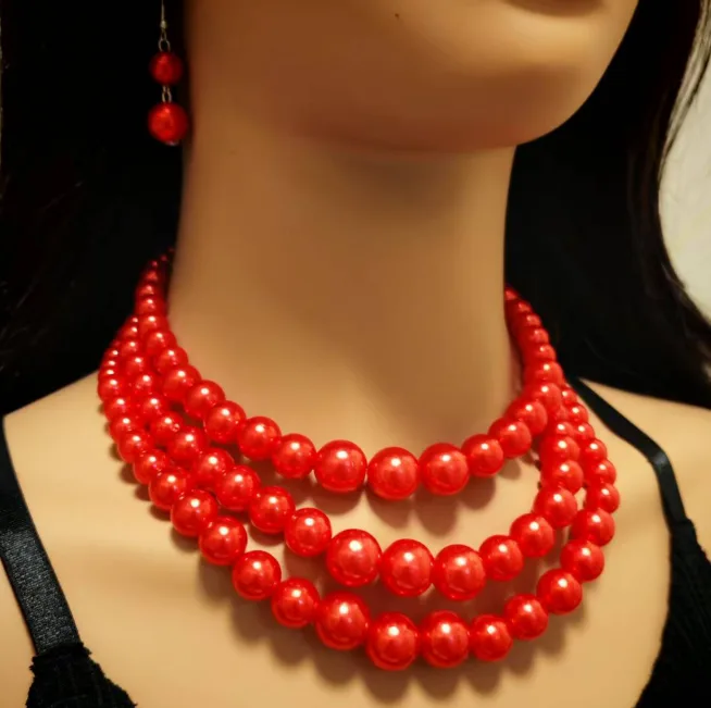 Glossy red beaded Imitation Pearl Multi Layer Collar Necklace Dual Gradient Round Drop Ear Ornaments Women French Retro Maillard Tone Evening Dress Jewelry Sets view 3