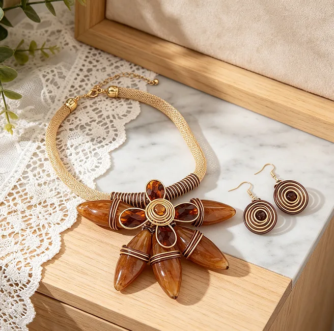 Vintage Boho Woven Amber Floral Bib Choker Necklaces Spiral Circle Drop Earrings Ethnic Women Vacation Statement chunky Jewelry