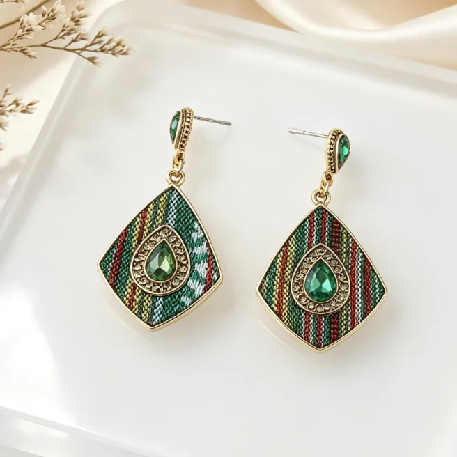 Bohemian Ethnic Green Fabric Rhinestone Inlaid Petal Statement Collar Necklaces Rhombus Dangle Earrings Women Retro chunky Jewelry Sets view 2