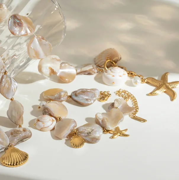 Boho Beach Vacation Irregular Conch Shell Slice Starfish Drop Pendant Y Shape Necklaces Adjustable Extension Link Wrist bracelet Women Seaside Casual Chic Jewelry Sets view 2