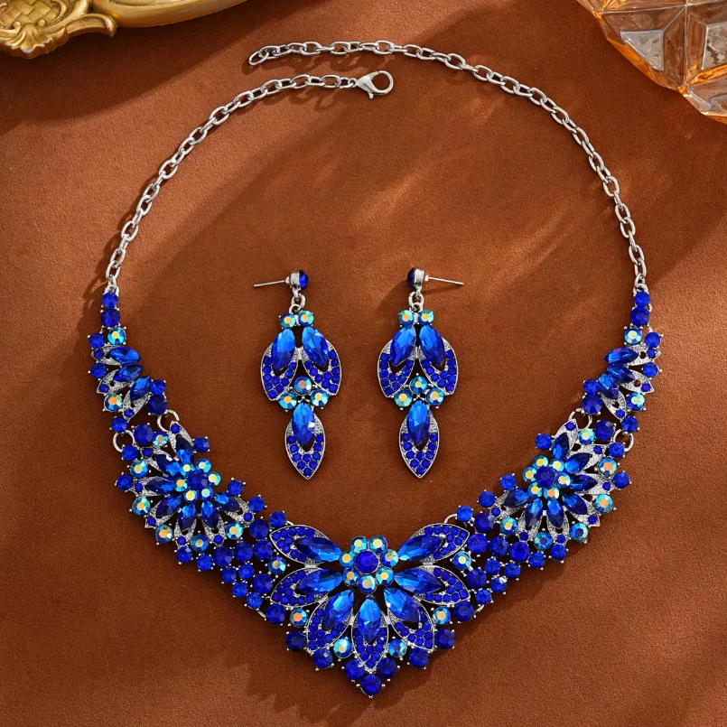 Luxury Leaf Floral flower Full Rhinestone Bib Choker Necklaces Long Drop Earrings Royal Blue diamond Party Women Jewelry Sets view 3