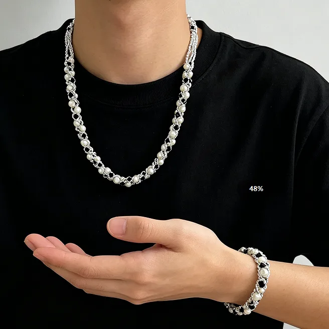 Twisted Braided Chain White Imitation Pearl Black Rhinestone Choker Necklaces Magnetic Clasp Bracelets Women Elegant Jewelry Sets view 2