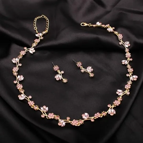Romantic Floral flower Pink Stone Necklaces Drop Earrings Bracelets Women Wedding Bridal Party gold color Jewelry Sets