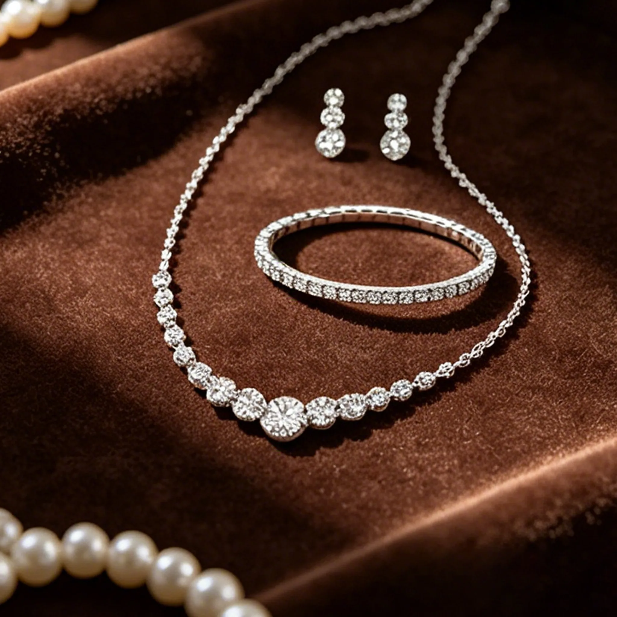 Full Rhinestone Bridal Wedding 3 Piece Sets jewelry tennis bracelet drop earrings Minimalist necklaces for women