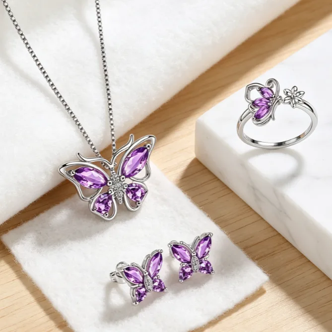Sparkling Purple Crystal Butterfly Pendant Necklaces Stud Earrings Adjustable Open Rings Elegant Wedding Dating Women Jewelry Sets