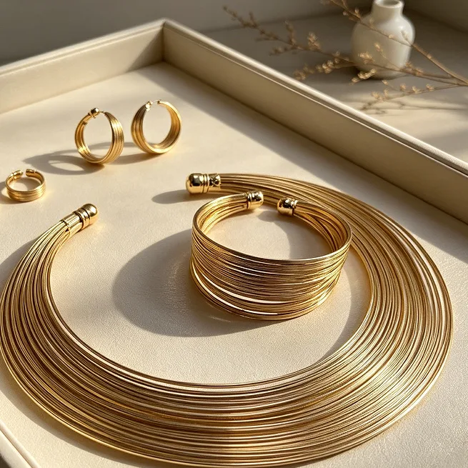 Minimalist Multi Layer Linear Geometric Open Collar Necklaces Hoop Earrings Wide Layered Open Cuff Bangle Stackable Rings Women Jewelry Sets