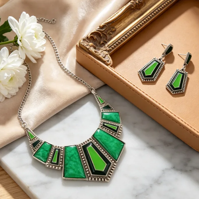 Vintage Boho green Geometric pendant Necklaces Layer Drop Earrings Ethnic chunky Statement Jewelry for Women