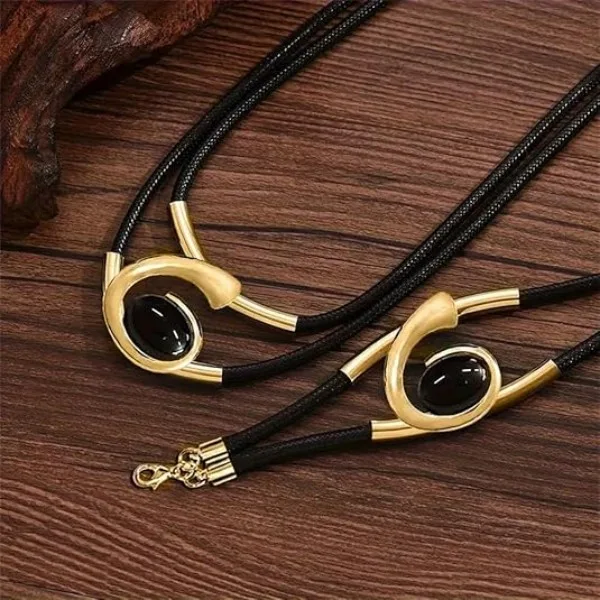 Boho Spiral Oval Black Stone Double Cord Necklaces Loop Stone Bracelets Women Personalized chunky Statement Jewelry Sets view 2