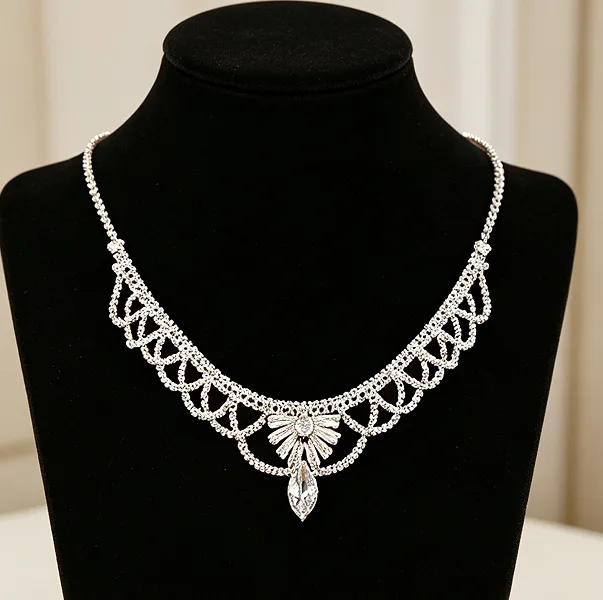 Elegant Hollow Lace Frame Marquise Rhinestone Bib Choker Necklaces Vertical Marquise Drop Earrings Single Row diamond Thin Link Bracelets Women Bridal Wedding Rhinestone Jewelry Sets view 2