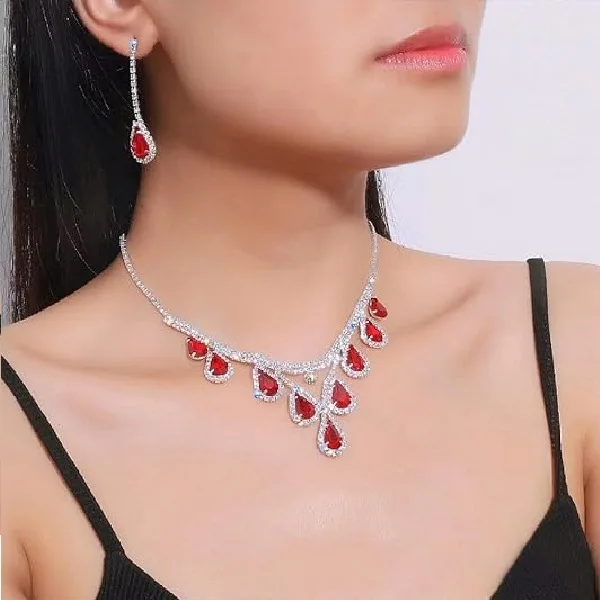Boho Large Hollow Cutout Red Rhinestone Long Pendant Necklaces Drop Dangle Earrings Matching Jewelry Sets For Women Holiday Party Occasion view 3