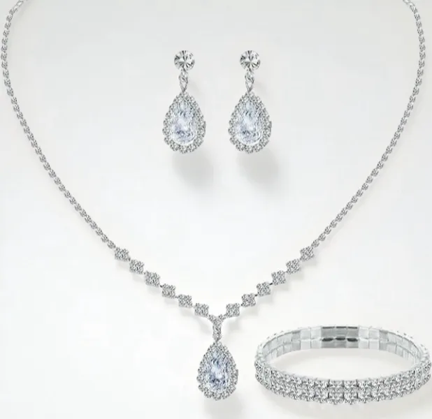 luxury waterdrop flower Rhinestone pendant Necklaces Drop Earrings Irregular Bracelets for bridal fashion Women Wedding Jewelry Sets