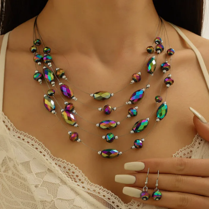 Light Green Multi Wire Chunky Layered Beaded Collar Necklaces Tiny Dual Bead Hook Earrings Summer Fresh Delicate Daily Fashion Jewelry for women