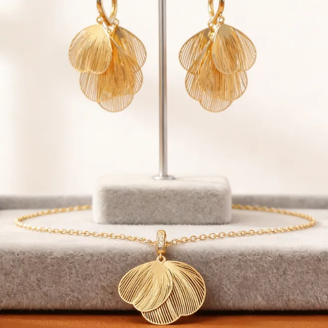 24K Gold Plated Copper Butterfly Leaf Pendant Necklaces Multi Layer Petal Drop hoops Earrings Minimalist Elegant Women Statement Jewelry