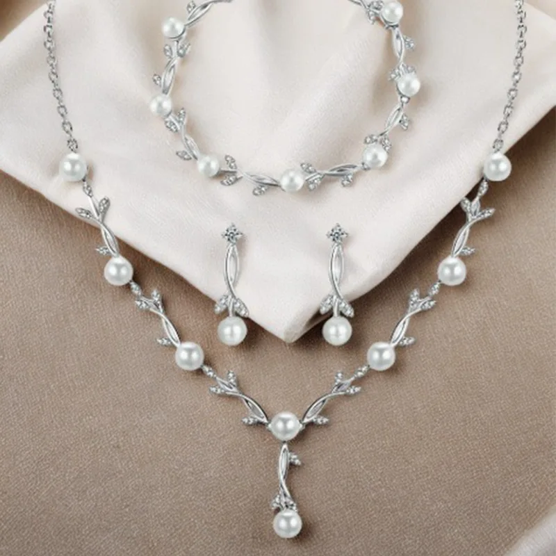 Bridal Floral Vine Imitation Pearl Y-Shaped Necklaces Drop Earrings Bracelets Women Wedding fashion wedding elegant bridal Jewelry Sets