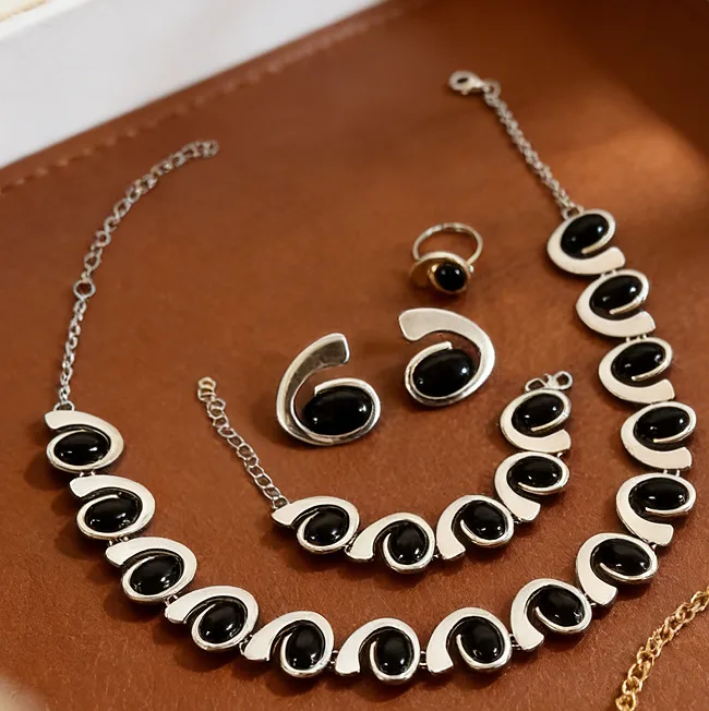 Vintage Spiral Snail Inlaid Black Stone Necklaces Bracelet Stud Earrings Ring chunky Statement Fashion designer inspired jewelry sets