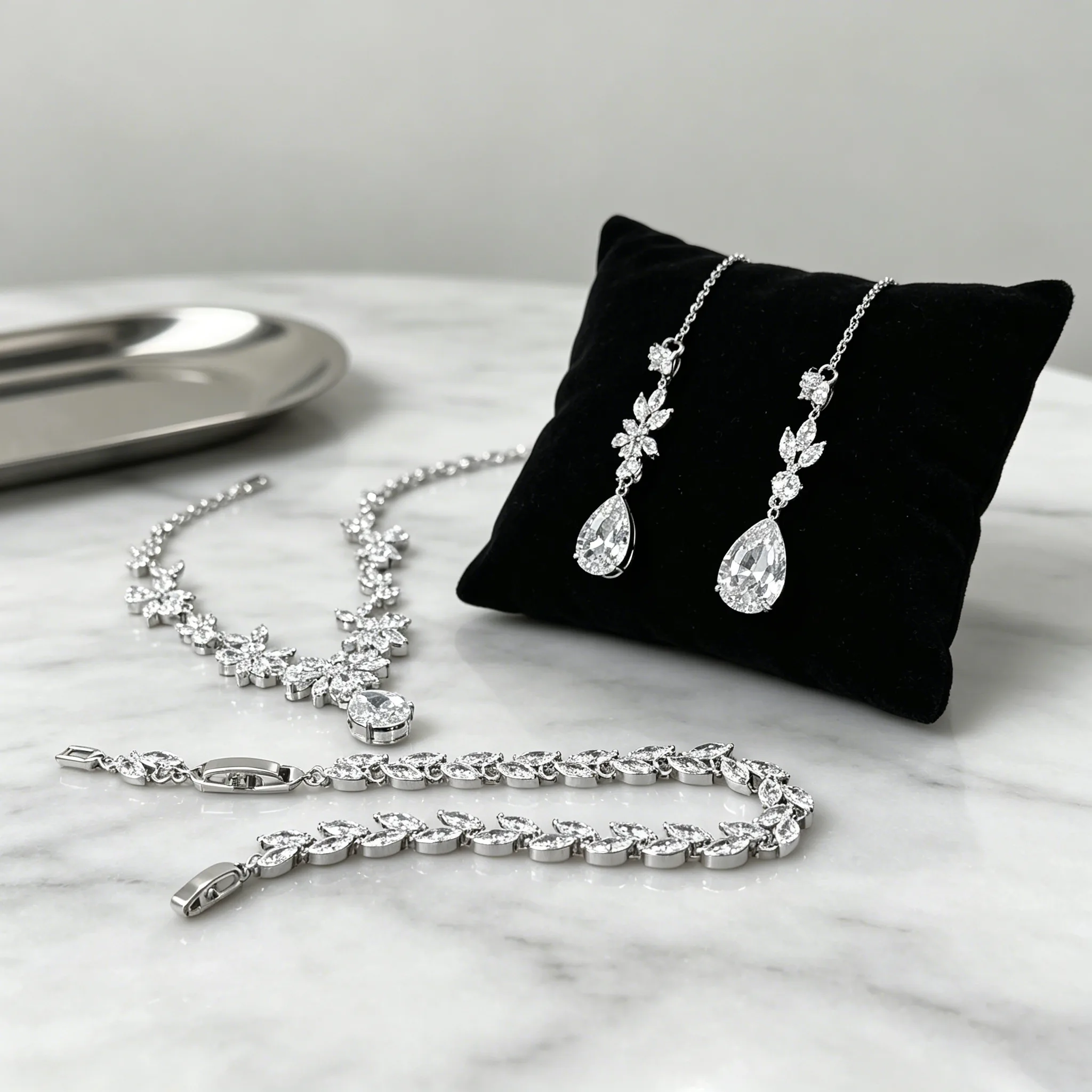 Minimalist Flower full with Rhinestone Y-Shaped Necklaces Teardrop Stone Drop Earrings leaf Bracelets Women fashion party Jewelry Sets
