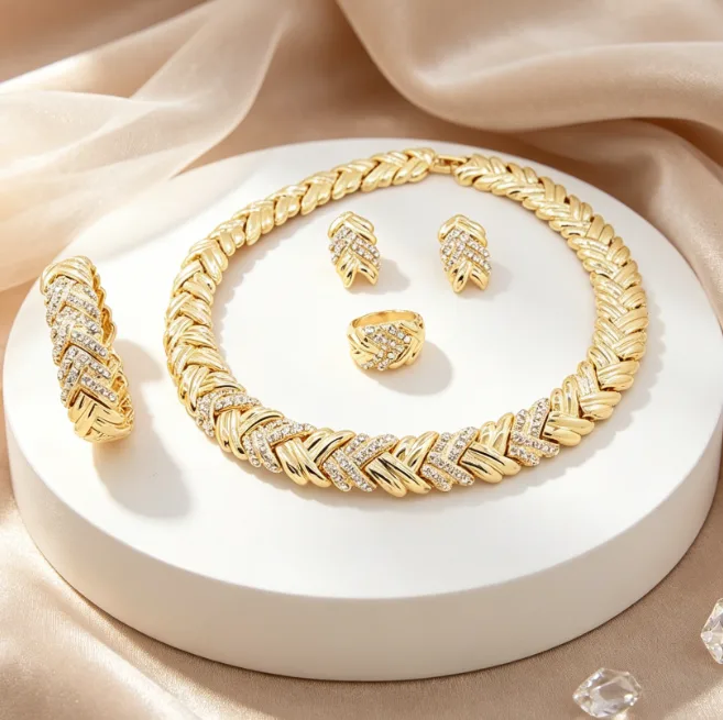 Dubai Luxury Two Tone Twisted Textured Collar Necklaces Geometric Earrings Wide Bracelets Statement Rings women Wedding Jewelry Sets