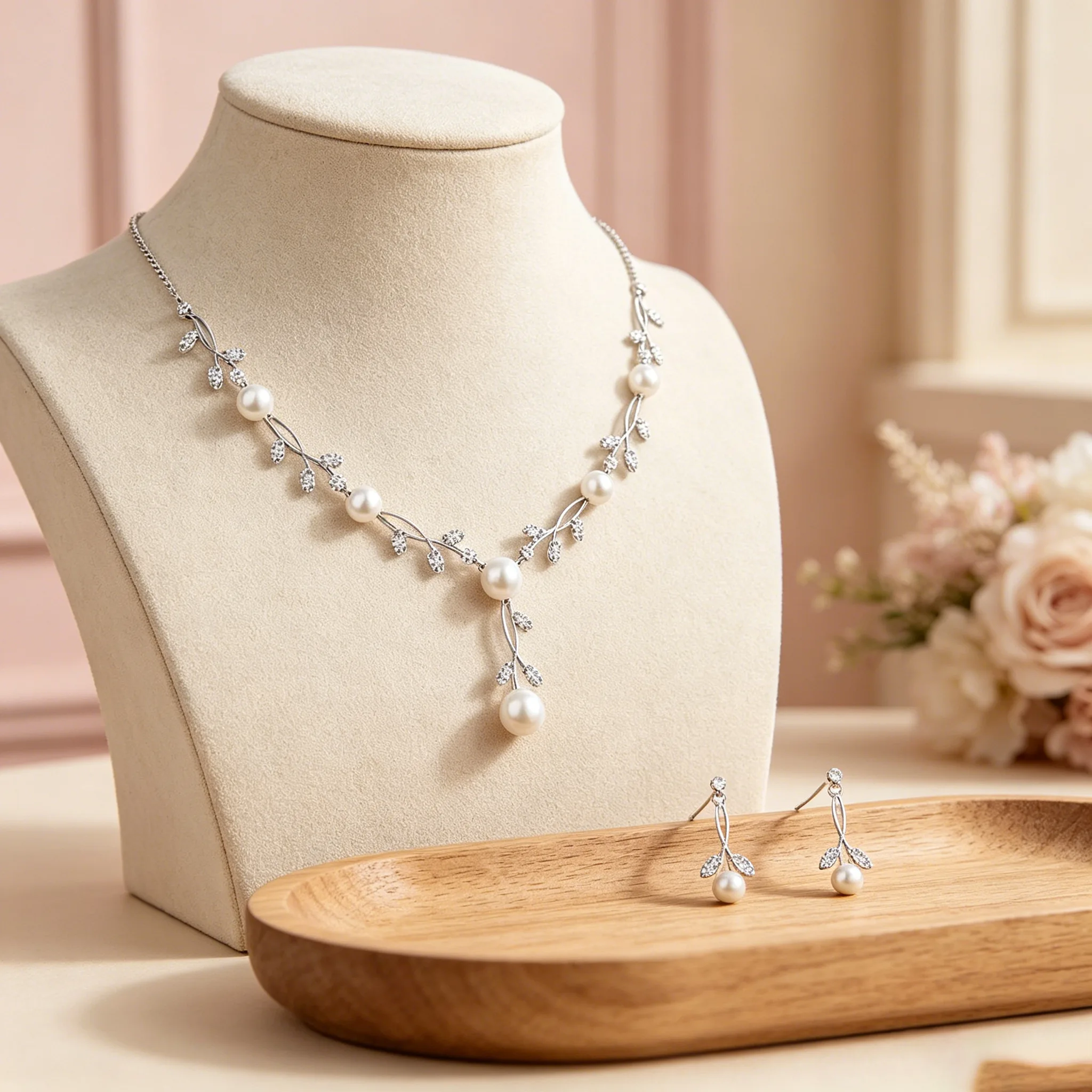 flower Single Row Imitation Pearl Y Pendant Necklaces Classic Drop Stud Earrings bracelet Women fashion wedding bridal Jewelry Sets view 2