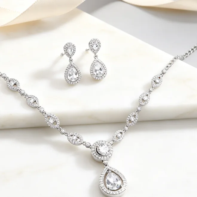 French Elegant Oval Link Rhinestone Teardrop Pendant Necklaces Two-Tier Teardrop diamond Earrings Women Wedding Banquet Jewelry Sets