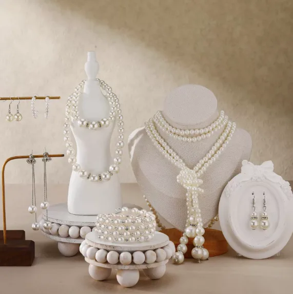 Fashion Multi Tier Pearl Tassel Necklaces Varied Length Pearl Drop Earrings Wide Row Pearl Link Bracelets Women Evening Stack Jewelry Sets view 2