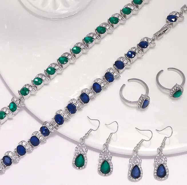 Luxury Emerald Tone Teardrop Halo Pendant Thin Link Necklaces diamond Hook Drop Earrings Charms rings bracelet Women Wedding Evening Gala Statement Jewelry Sets view 2