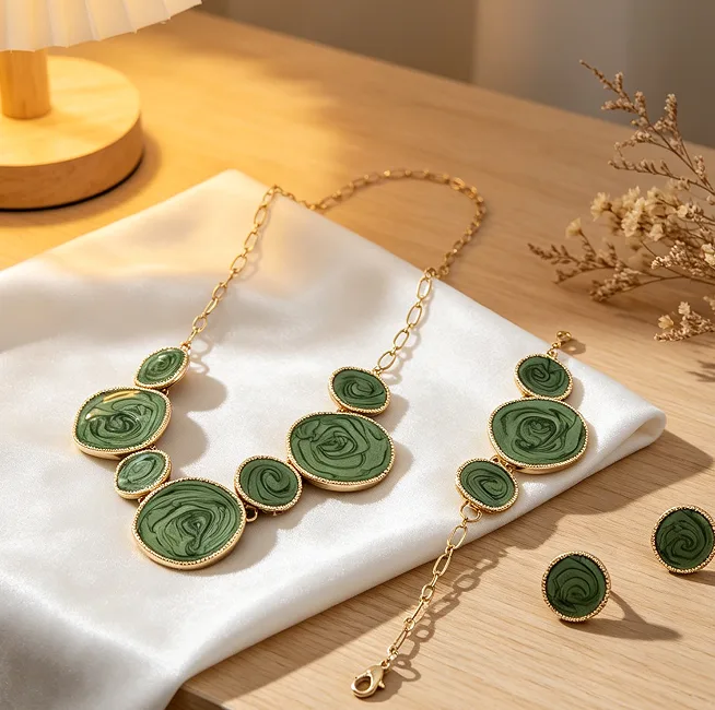 Unique Swirl Green Enamel Irregular Round Disc Pendant Necklaces Matching Bracelet Stud Earrings Ring Statement Jewelry for Women sets