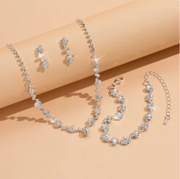 classic Rhinestone Inlaid Geometric Pendant Necklaces Drop Dangle Earrings tennis Bracelets Jewelry Sets for women wedding gift
