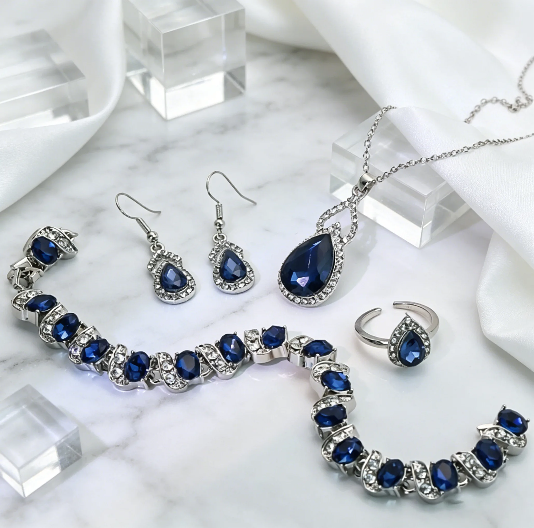 Luxury waterdrop blue Stone Halo Pendant Necklaces Teardrop Drop hoop Earrings tennis Bracelets open Rings for Women party Jewelry Sets