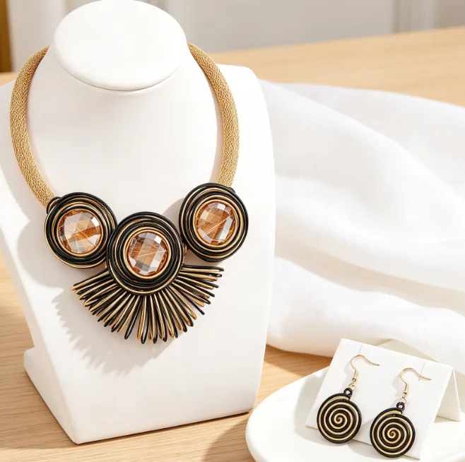 Hand Woven Oversized Spiral Round Crystal Inlaid Bib Choker Necklaces Swirl Circle Drop Earrings Ethnic Bohemian Statement Women Jewelry
