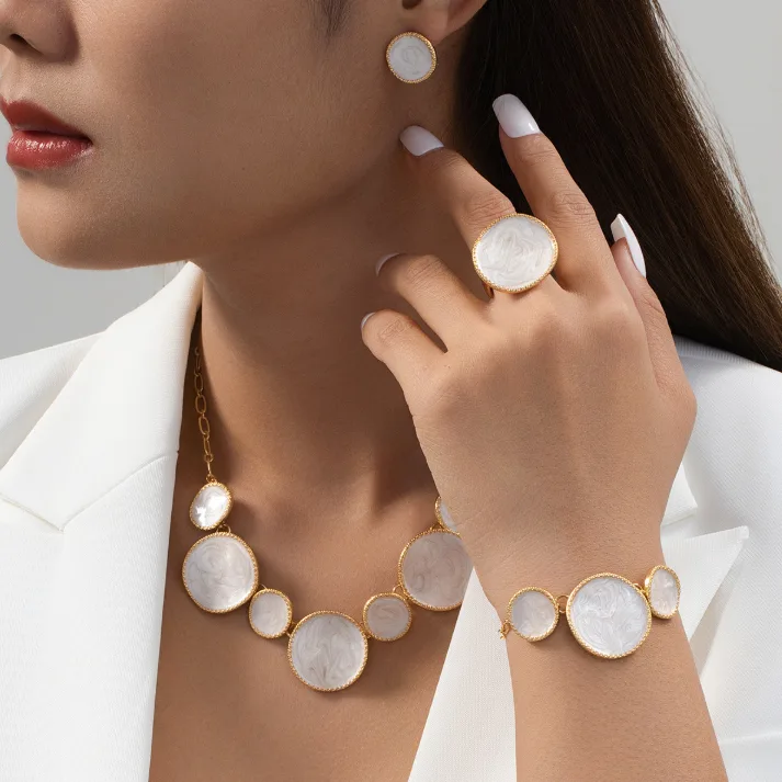 Minimalist Unique Irregular Round White Enamel Disc Pendant Necklaces Bracelet Stud Earrings Ring Daily Women Statement Jewelry view 3